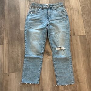 Women's High Waisted Cropped Distressed Blue Jeans